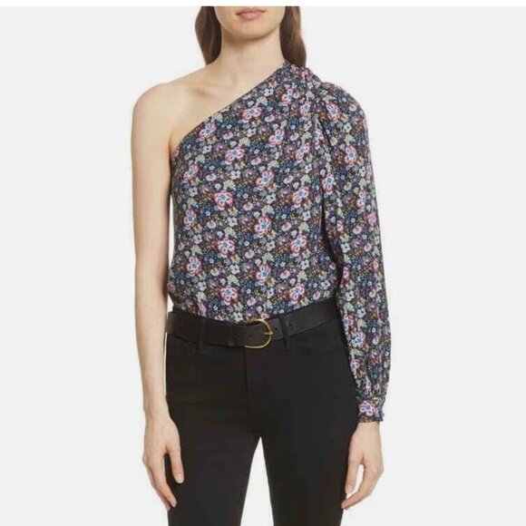 FRAME One Shoulder Blouse Womens Extra Small Floral Coastal Blue Vibrant - Picture 1 of 10